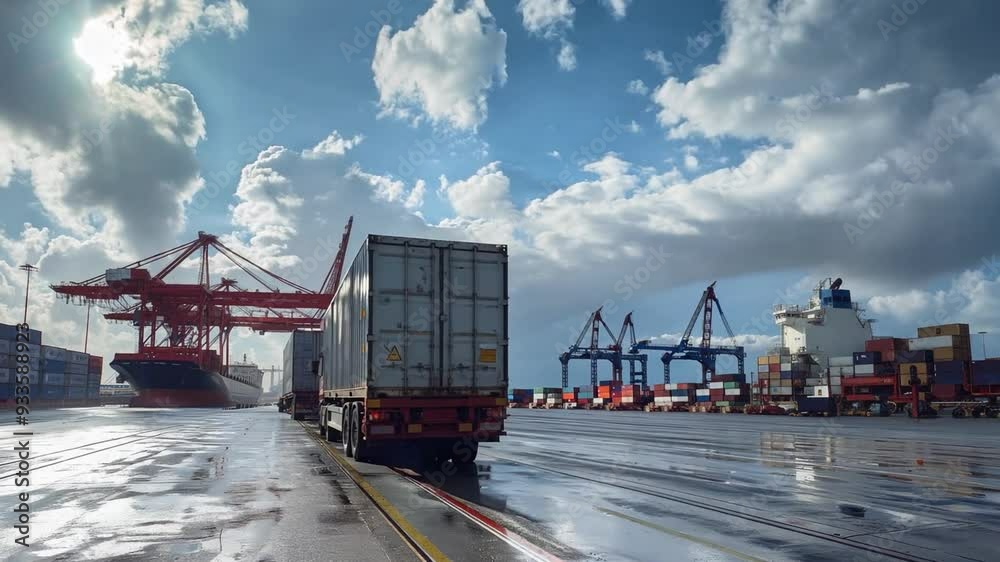 A container truck is being loaded by a crane bridge, with cargo ships docked nearby and a cargo plane in the sky, emphasizing logistics and heavy-duty transportation machinery. A container truck is being loaded by a crane bridge, with cargo ships docked nearby and a cargo plane in the sky, emphasizing logistics and heavy-duty transportation machinery.