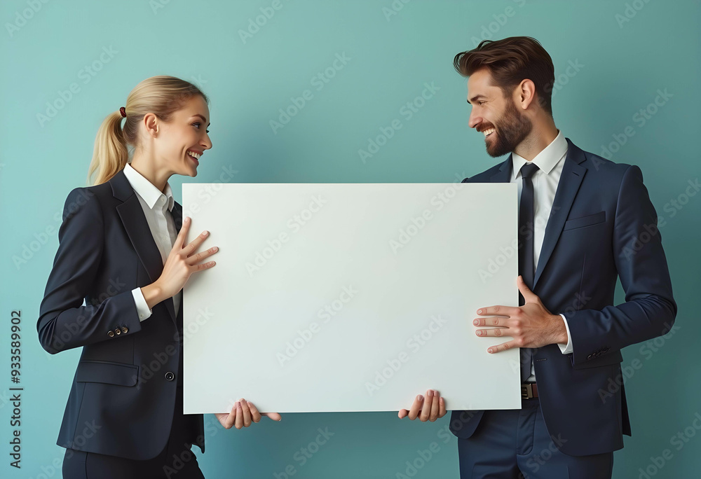 Two businessmen holding a blank large paper. The empty sign provides space for text or graphics on the green background Two businessmen holding a blank large paper. The empty sign provides space for text or graphics on the green background