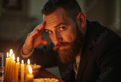 Jewish man at table filled with candles and snacks, celebrating sabbath