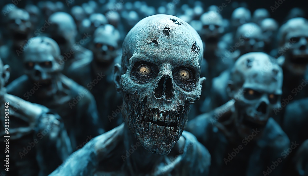 Hordes of eerie, decaying zombies in a terrifying crowd, with one zombie staring menacingly