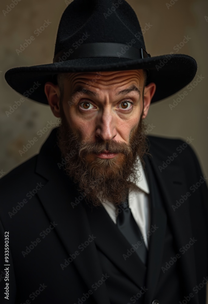 Mysterious jewish man in black hat and suit gazes intently, revealing intrigue and character Mysterious jewish man in black hat and suit gazes intently, revealing intrigue and character
