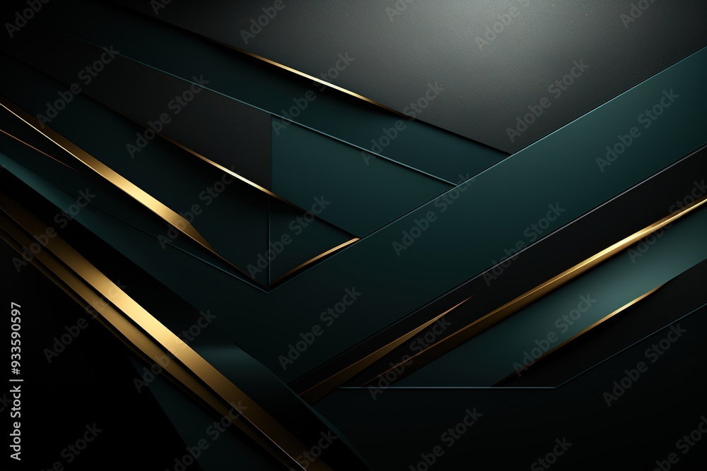 Abstract dark green and gold background with geometric shapes.