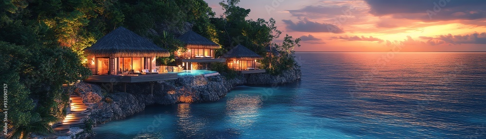 Luxury cliffside resort, overwater bungalows, serene ocean, ambient lighting, sunset, tranquil and exotic