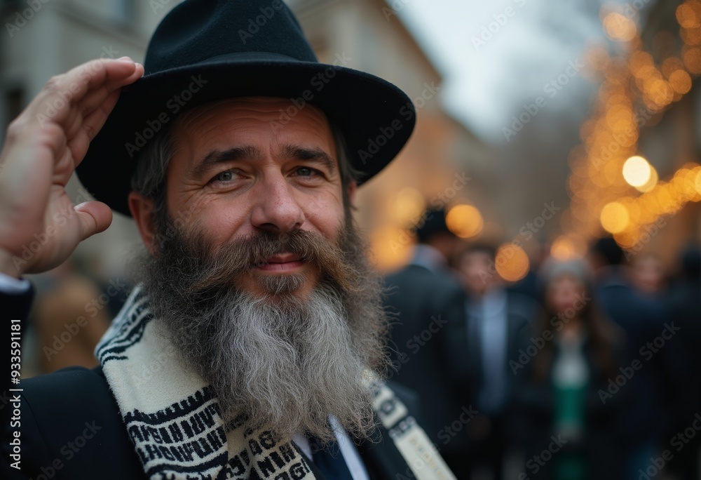 Jewish man in black hat salutes gently, celebrating Rosh Hashanah in charming city street at dusk Jewish man in black hat salutes gently, celebrating Rosh Hashanah in charming city street at dusk