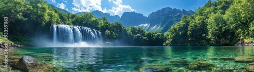 Panoramic view of a waterfall cascading into a clear river, surrounded by lush greenery and blue sky