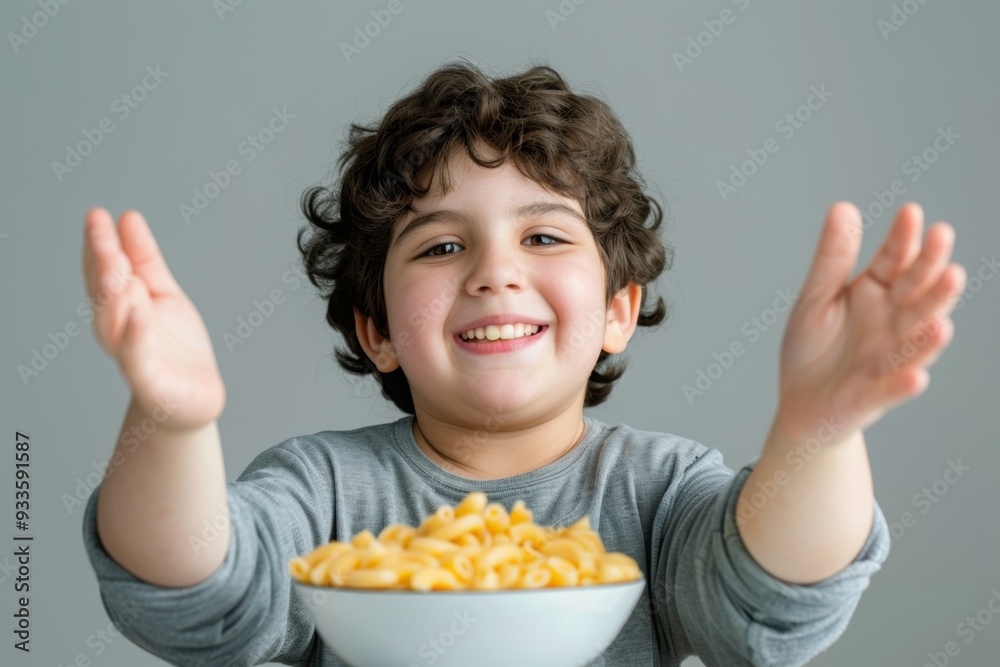 Bright lights and child ease celebrating cozy dinner moment. Joyful child restaurant raising hands near delicious pasta meal. Universal happiness food brings to people of all ages. Bright lights and child ease celebrating cozy dinner moment. Joyful child restaurant raising hands near delicious pasta meal. Universal happiness food brings to people of all ages.