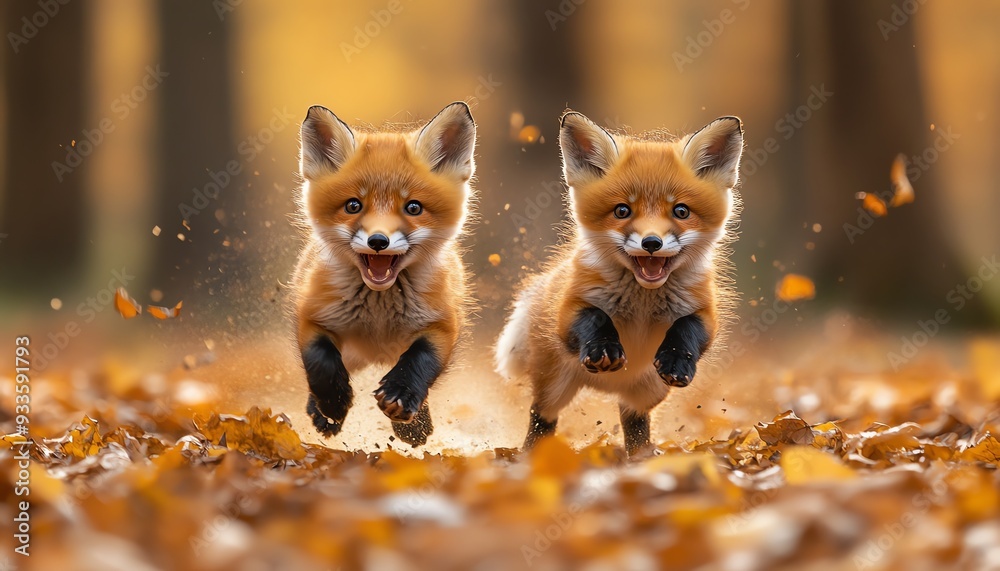 Obraz premium Two playful fox cubs running through autumn leaves, warm light, joyful scene