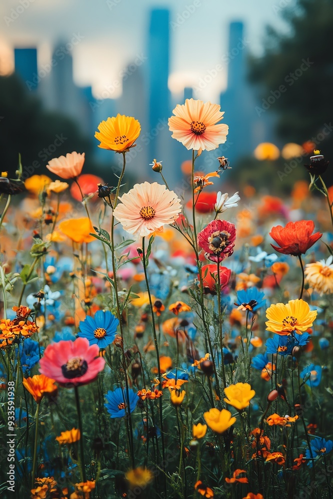 Fototapeta premium Wildflowers in city garden, skyscrapers blurred in distance, lowangle, soft evening light, tranquil vibe
