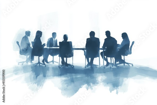 A professional meeting with silhouettes of people around a table, showcasing collaboration and teamwork in a corporate environment.