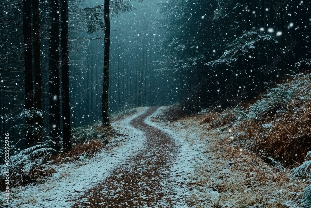 Fototapeta premium Snowy Path Through a Dark Forest