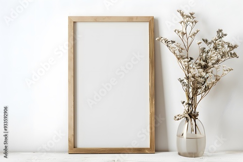 A minimalist wooden frame next to a vase of dried flowers against a white wall, creating a serene and elegant atmosphere.