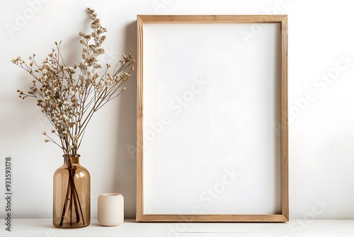 A minimalist composition featuring a wooden frame alongside a vase of dried flowers on a white background. Ideal for interior design or home decor themes.