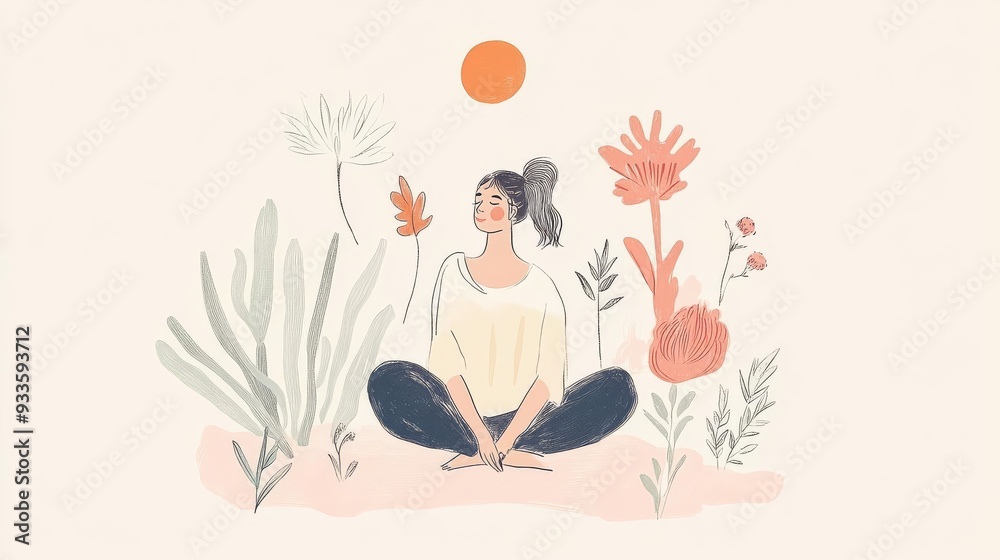 Fototapeta premium A tranquil illustration of a woman meditating surrounded by flowers and plants under a warm sun, promoting mindfulness and peace.