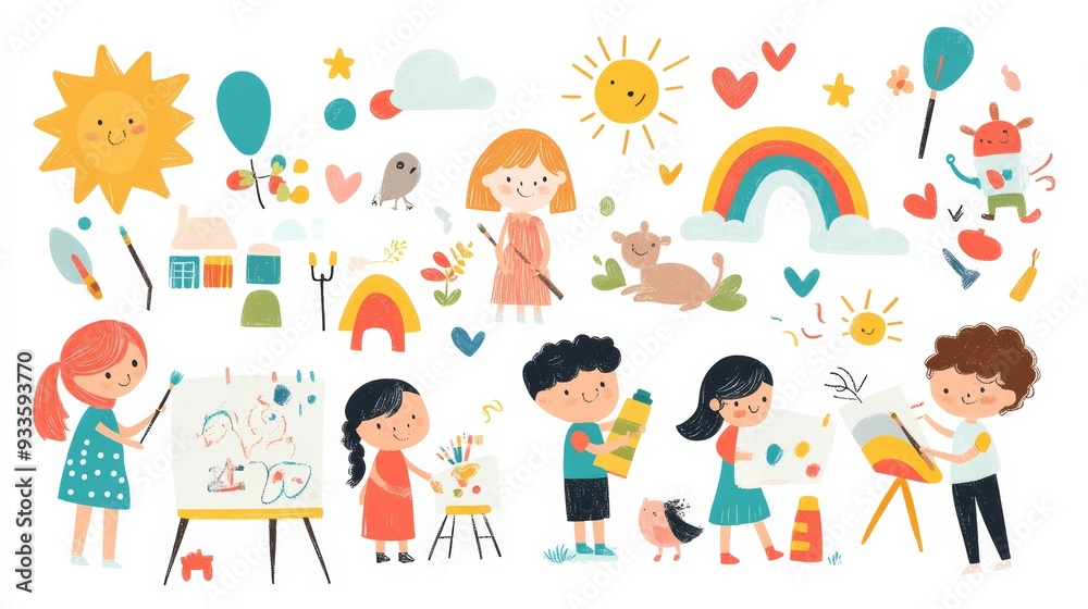 Cute children drawing on the wall using paintbrushes and colored pencils. Vector illustration. Cute children drawing on the wall using paintbrushes and colored pencils. Vector illustration.