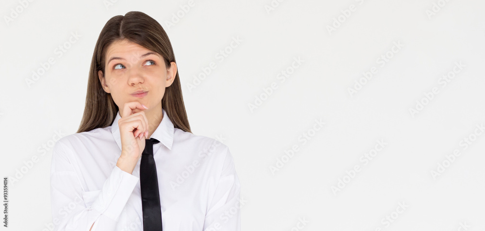 Cute woman thinking about smth. Young brunette student girl is thoughtful on white background Cute woman thinking about smth. Young brunette student girl is thoughtful on white background