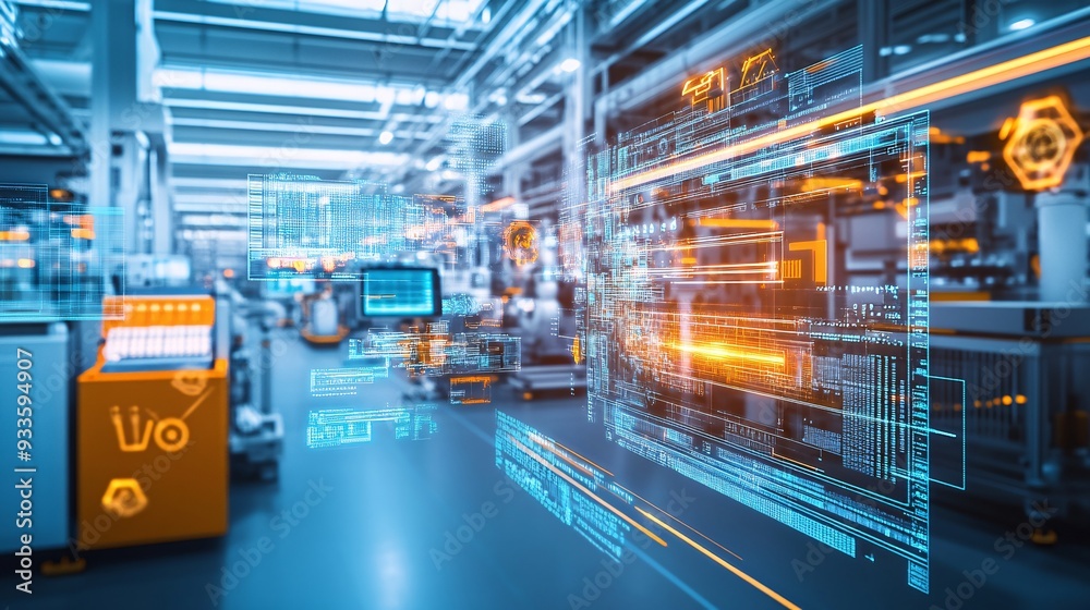 Fototapeta premium A high-tech manufacturing facility where a laser is used for quality control inspection. The laser beam scans the surface of a product, detecting any imperfections with extreme precision. The