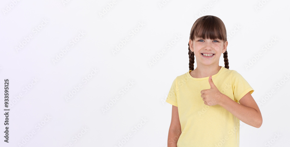 Saying yes. Smiling positive girl, showing thumb up to like and approve, praise good thing, recommending product, white background Saying yes. Smiling positive girl, showing thumb up to like and approve, praise good thing, recommending product, white background