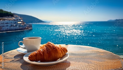 Fototapeta Naklejka Na Ścianę i Meble -  Mediterranean holiday - breakfast in a cafe with a sea view - croissant and coffee