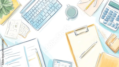 An organized workspace featuring essential office supplies, documents, and a computer, perfect for productivity and creativity.