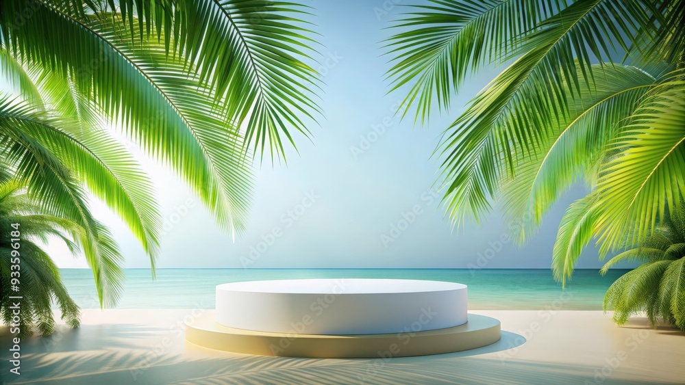 podium with copy space surrounded by tropical summer elements for product display presentation, , podium podium with copy space surrounded by tropical summer elements for product display presentation, , podium