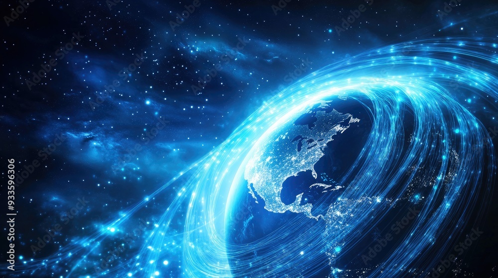 Abstract Earth globe with bright fiber optics wrapping around it, illustrating global data transfer and technology, with room for copy space. Abstract Earth globe with bright fiber optics wrapping around it, illustrating global data transfer and technology, with room for copy space.