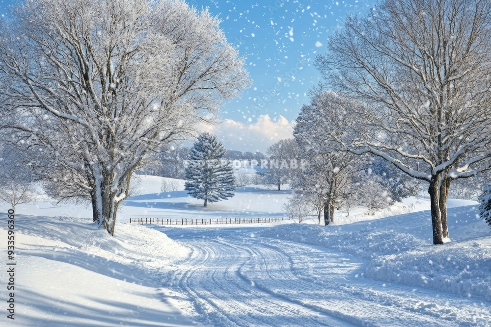 Snow-covered trees and a winding path in a snowy landscape Snow-covered trees and a winding path in a snowy landscape
