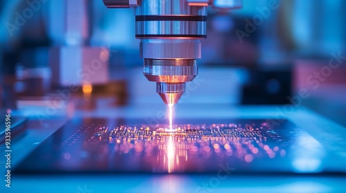 A detailed view of a laser being used for precision drilling in the electronics industry. The laser beam is extremely fine, creating small, precise holes in a circuit board. The background includes a photo