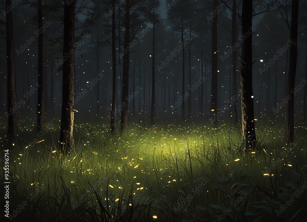 Fototapeta premium An illustration of a nighttime forest scene with a field illuminated by numerous glowing fireflies