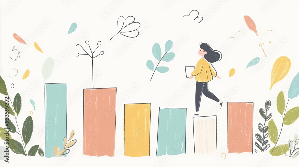A creative illustration depicting a character walking on colorful bars, symbolizing growth and progress in a whimsical setting. A creative illustration depicting a character walking on colorful bars, symbolizing growth and progress in a whimsical setting.