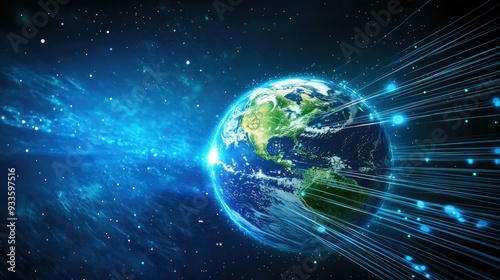 Abstract Earth globe with bright fiber optics wrapping around it, illustrating global data transfer and technology, with room for copy space.