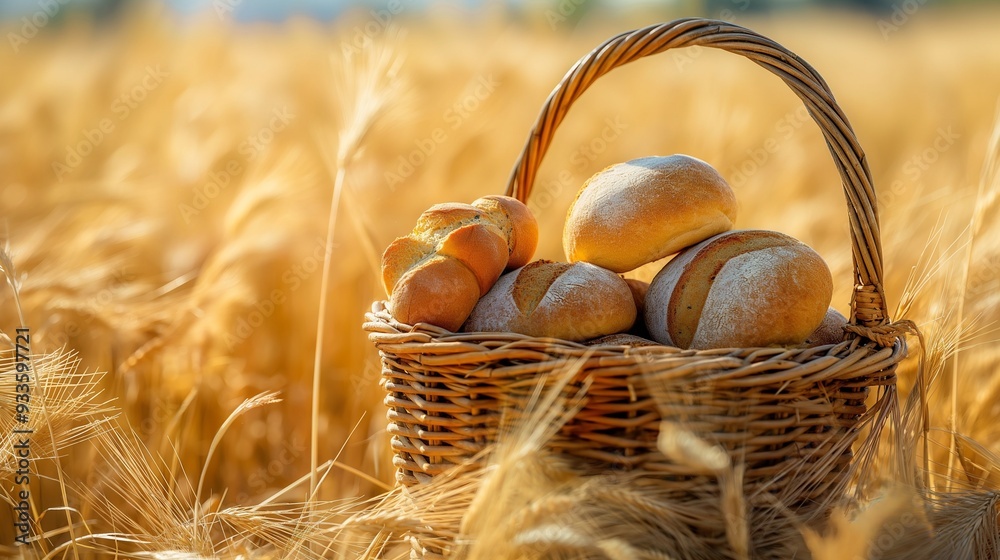 Fresh Basket with bread and rolls. Blurred wheat field summer background Fresh Basket with bread and rolls. Blurred wheat field summer background