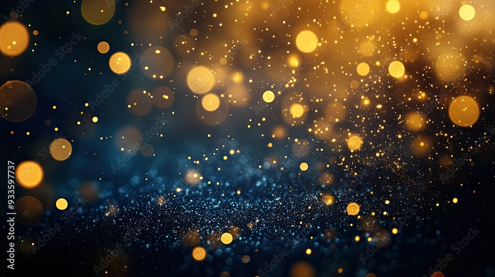Abstract gold bokeh lights twinkling on a rich, dark blue background, evoking a sense of luxury and depth in the shimmering texture. Abstract gold bokeh lights twinkling on a rich, dark blue background, evoking a sense of luxury and depth in the shimmering texture.