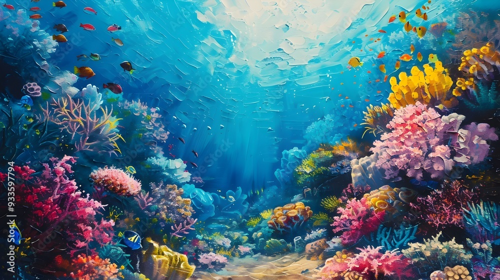 Naklejka premium Vibrant Underwater Coral Reef Scene with Diverse Marine Life in Serene Blue Waters