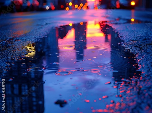a puddle of water on a street. 