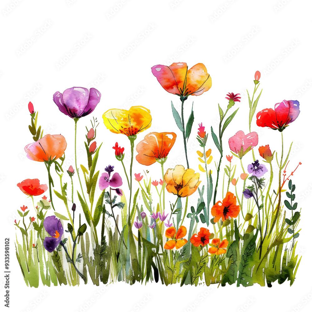 Fototapeta premium Whimsical Meadow Splendor: Colorful Watercolor Illustration of Vibrant Flowers in Nature - Isolated on White