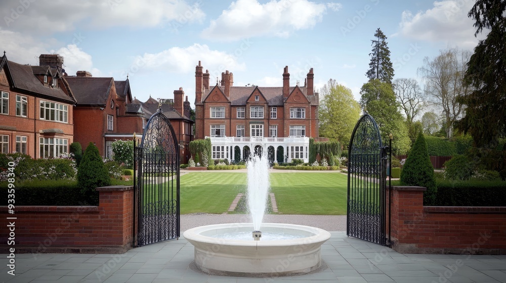Fototapeta premium A large brick house showcases white double doors and an open gate leading to a beautifully landscaped front yard in London