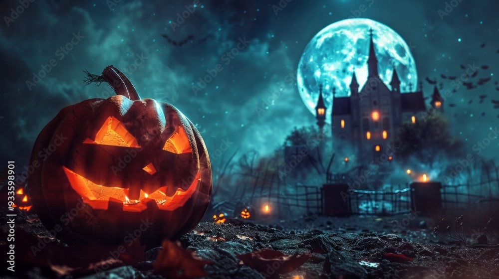 Fototapeta premium Happy Halloween celebration pumpkin and dark castle 