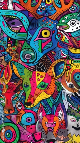 Psychedelic Fauna Frenzy: A vibrant tapestry of abstract animal faces explodes with color, showcasing a kaleidoscopic vision of wildlife art, phone wallpaper