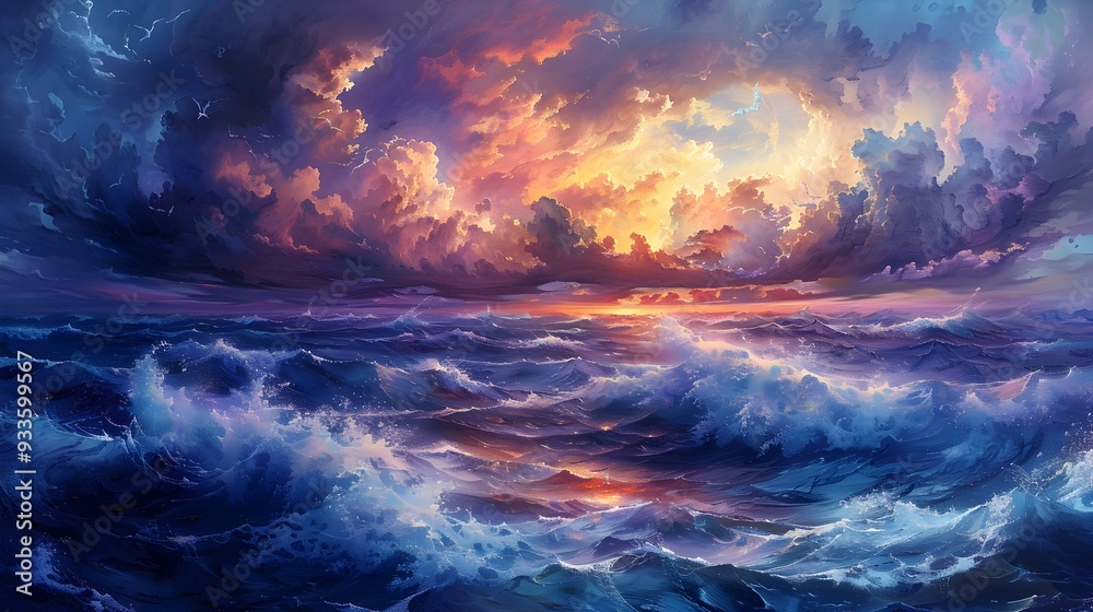 Naklejka premium Dramatic and Stormy Seascape Oil Painting with Vibrant Colors and Detailed Water and Sky