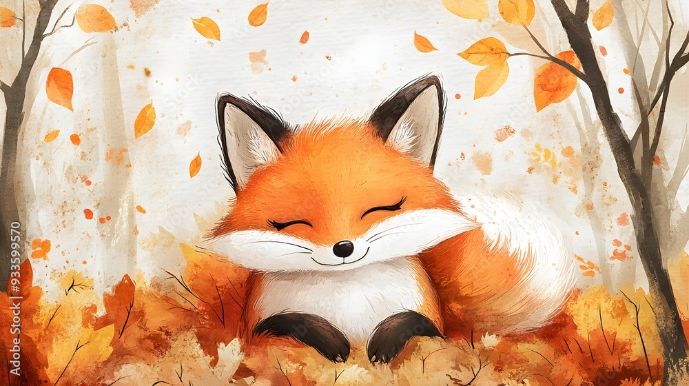 Obraz premium A charming fox nestled in an autumn forest, watercolor style, painted in soft pastels, perfect for a child's room, capturing the warmth of fall