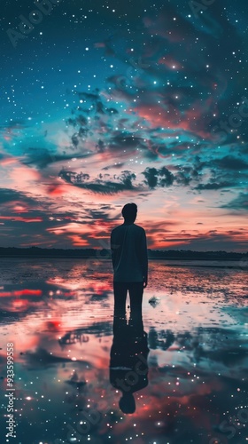 Silhouette of a Man Under a Starry Sky: A solitary figure stands on a reflective surface, gazing upward at a breathtaking night sky adorned with countless stars, phone wallpaper