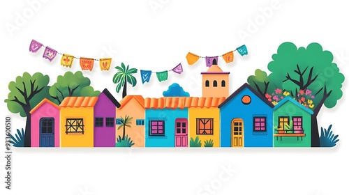 Vibrant Mexican Village Sticker with Papel Picado Banners and Adobe Homes - Flat Vector Illustration on White Background