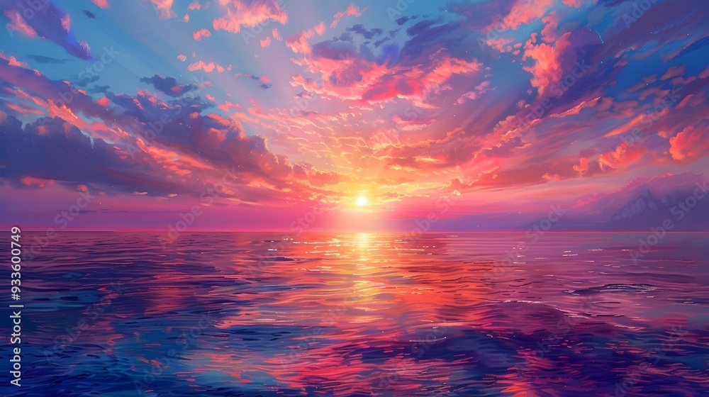 Fototapeta premium Dramatic Sunset Over Vibrant Ocean with Detailed Sky and Water Reflections
