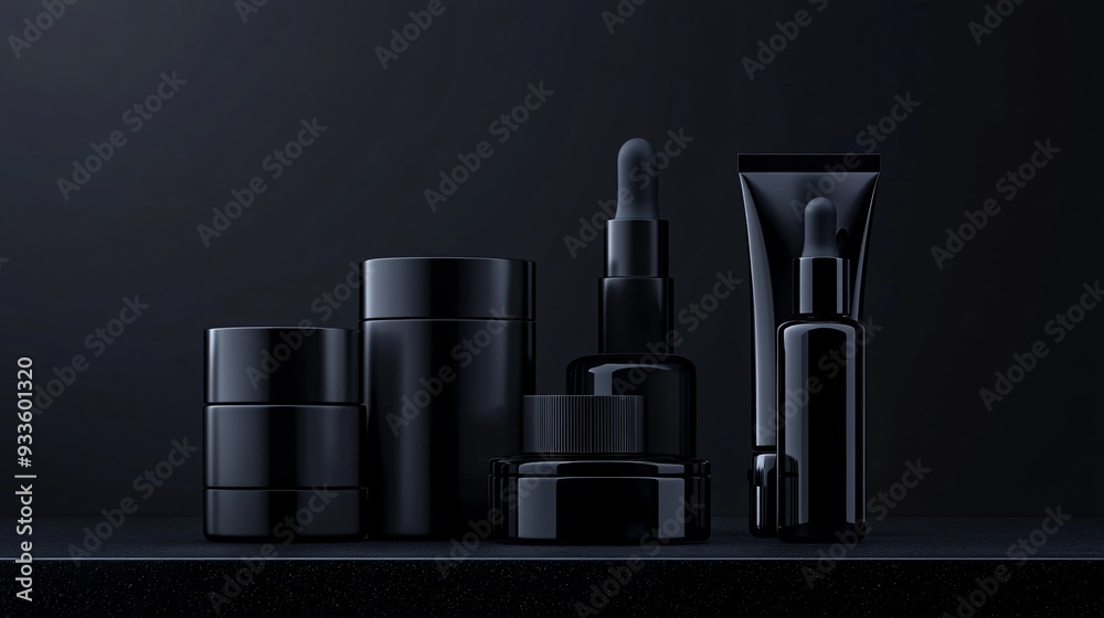 A modern display of a skincare set on a sleek, dark surface, with products including a cleanser, moisturizer, and facial oil. The background is a subtle gradient that enhances the appearance of the A modern display of a skincare set on a sleek, dark surface, with products including a cleanser, moisturizer, and facial oil. The background is a subtle gradient that enhances the appearance of the
