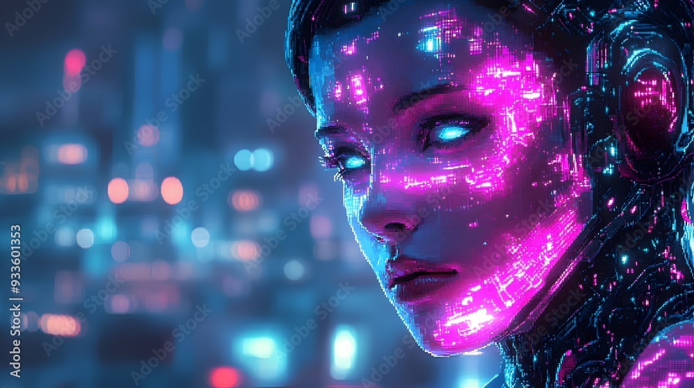 Vibrant Pixel Art Cyborg with Glowing Cyber Implants in Futuristic Neon City Vibrant Pixel Art Cyborg with Glowing Cyber Implants in Futuristic Neon City