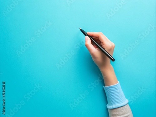 Top above overhead close up first person view photo of girl's right hand holding black pen starting to write isolated over blue color pastel background