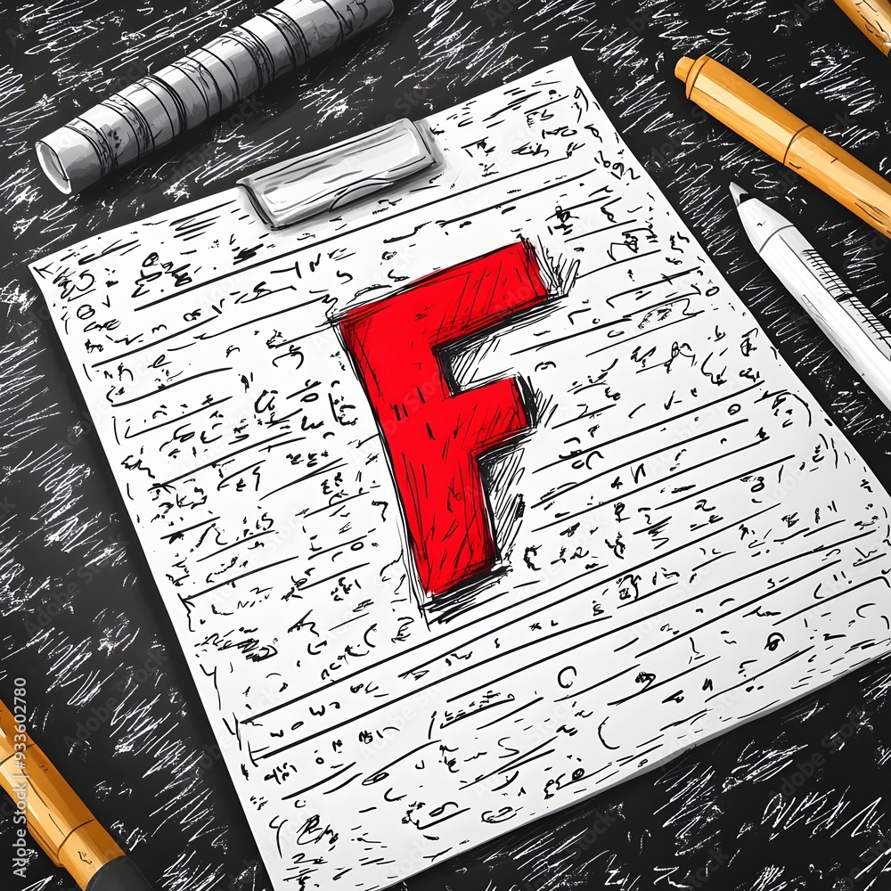 Fototapeta premium Hand-Drawn Doodle F Grade Exam Paper with Squiggly Lines Art