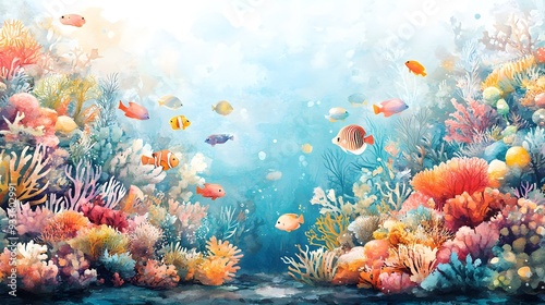 Fototapeta Naklejka Na Ścianę i Meble -  Colorful coral reef scene with tropical fish, rendered in watercolor and pastel tones, creating a lively underwater world for a child's room