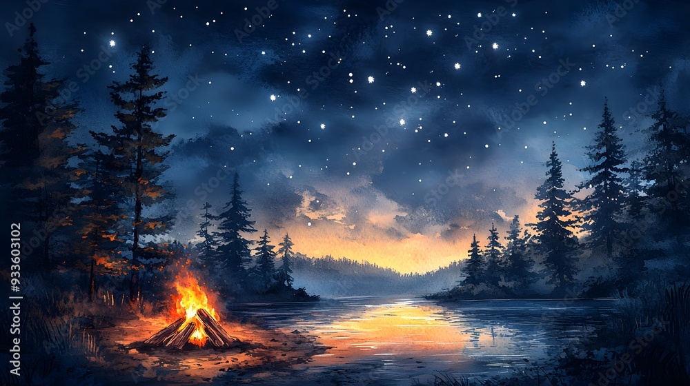 Enchanting watercolor of a campfire under the stars, with pastel colors, perfect for a child's room, combining coziness and the magic of the night Enchanting watercolor of a campfire under the stars, with pastel colors, perfect for a child's room, combining coziness and the magic of the night