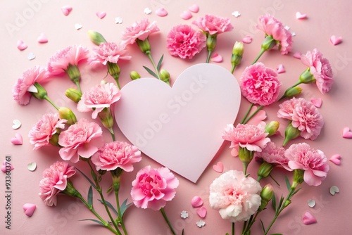 a heart-shaped cutout surrounded by pink and white flowers with green stems on a pastel pink background with copy space. Perfect as a valentines day gift card